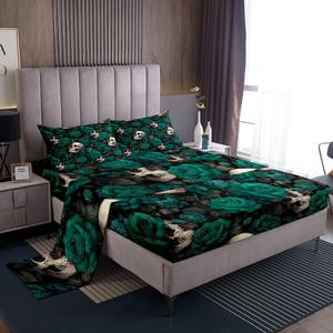 Erosebridal Готический комплект постельного белья с черепами и розами в винтажном стиле, хэллоуин тематика, Green White