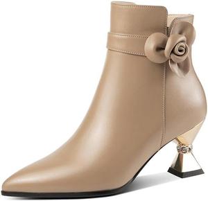 Женские ботильоны TinaCus ручной работы из натуральной кожи с цветочным декором, заостренным носком, боковой молнией и каблуком средней высоты, Apricot