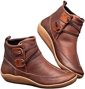 Удобные повседневные регулируемые мягкие кожаные ботильоны для женщин, противоскользящие ботинки на щиколотку, с круглым носком, низким клиновидным каблуком, ковбойские ботинки JUUCWOUT, Brown