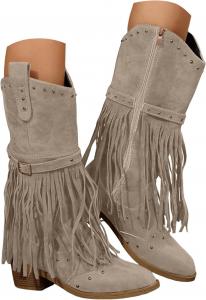 Замшевые ковбойские ботинки для женщин с бахромой в западном стиле, ботильоны с заостренным носком, боковой молнией, массивным каблуком, средней высоты, с пряжкой, на осень и зиму, нескользящие, удобные ковбойские ботинки для кантри Generic, Beige