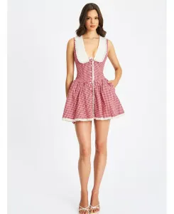 Женское мини-платье Nala Red в клетку гингем с ажурной отделкой и воротником-панелем Miss Circle, красный