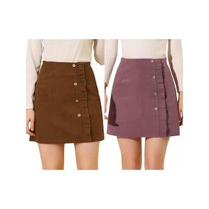 2 упаковки женской кордюровой мини-юбки а-силуэта с высокой талией и пуговицами Allegra K, Brown Dark Pink