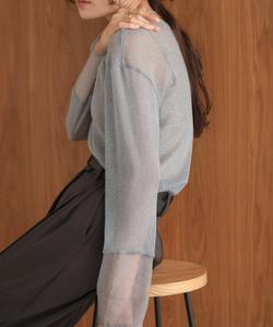 Простая блузка, сшитая по индивидуальному заказу, с прозрачными рукавами из люрекса.