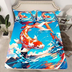 Erosebridal Комплект постельного белья Japanese Koi Fish в японском стиле укиё-э с синими океанскими волнами, Blue Orange