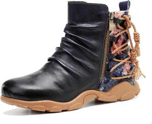 Женские винтажные ботинки с цветочным узором на шнуровке, с плиссированным дизайном, в ретро-стиле, повседневные ботильоны на молнии LITNERMIA, Yly22092106 Black