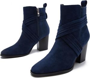 Женские замшевые ботильоны на массивном каблуке FAIRSOMA, повседневные с острым носком и боковой молнией, осенне-зимние ботинки, мягкие и комфортные, вестерн стиль, обувь для платья, Blue