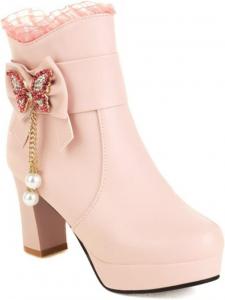 Женские ботильоны с бантом из кружева и стразами, из искусственной кожи, с круглым носком, массивным высоким каблуком, на молнии, для платья, свадьбы и осени WOkismD, 43 Pink