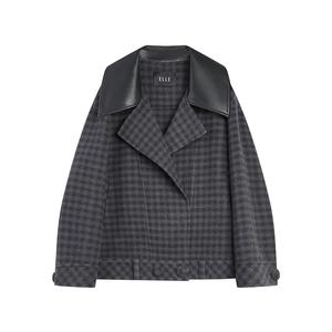 ELLE Пальто женское синее в клетку с воротником-стойкой, умеренно прямое