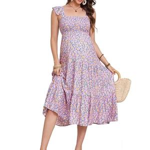 Женское платье миди с квадратным вырезом, без рукавов, для беременных, со сборками, ярусами и рюшами Clearflower, Purple Floral