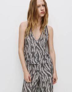 Струящийся топ с принтом Pull&Bear синего цвета