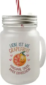 Стакан для питья с ручкой и крышкой в банке Мейсона "Грейпфрут" "Любовь освежает" speecheese