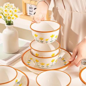 Ceramics Набор керамической посуды с хризантемой, простые подглазурные чаши и тарелки, палочки для еды, полный комплект для новоселья, чаши 12 см, упаковка 10 предметов