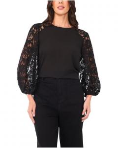 Женская блузка Vince Camuto Crew Neck с кружевными рукавами и длинным рукавом, Rich Black