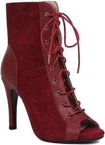 Женские танцевальные ботильоны JXUZY Jazz с открытым носком, кружевными шнурками и высоким каблуком типа «стилет» Generic, D980-Zippered-Wine Red