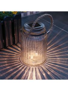 Marelida Светодиодный солнечный стеклянный светильник, ребристый, с джутовой веревкой, датчиком освещенности, высота: 15 см, прозрачный