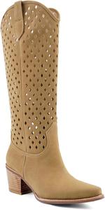 Ковбойские ботфорты с вырезами до колена, массивный каблук, западный стиль, высокие сапоги для женщин, заостренный носок, модные винтажные длинные ботильоны, на молнии POYOIOR, Camel