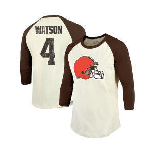 Мужские нитки Deshaun Watson Cream, коричневые Cleveland Browns Name & Футболка Number Raglan с рукавом 3/4 Majestic, мультиколор