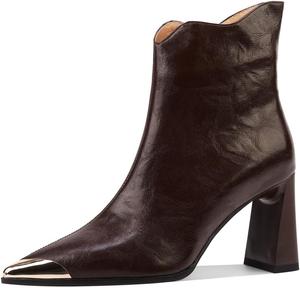 Женские ботильоны TinaCus с круглым носком из натуральной кожи с боковой молнией, высокие массивные каблуки, стильные, Brown