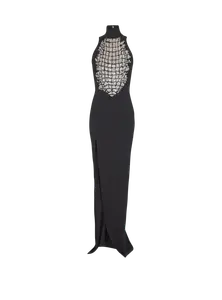 Длинное вышитое платье с разрезом Balmain, черный