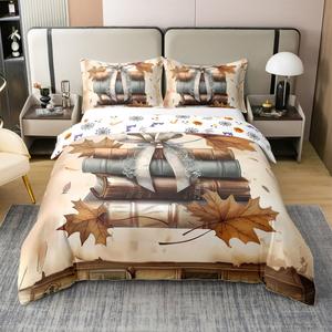 Erosebridal Хлопковый комплект постельного белья Autumn Bow Books с винтажным принтом осенних листьев, Khaki Brown