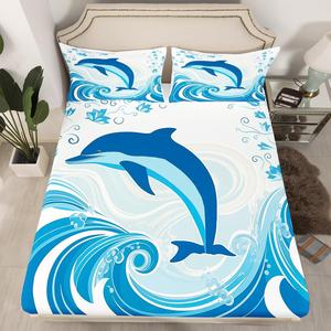 Erosebridal Комплект постельного белья Dolphin с морскими животными и волнами в синих тонах из хлопка, Navy Blue