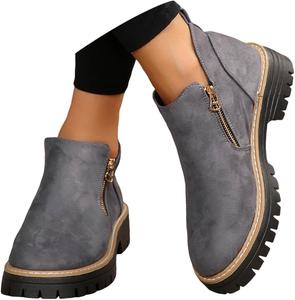 Винтажные короткие ботильоны на массивном каблуке, повседневная мода, боковая застежка-молния, прогулочная обувь на открытом воздухе, осенние лоферы, нескользящая подошва, ретро стиль, удобные ботинки Generic, A-Grey