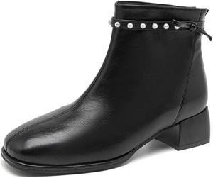 Женские ботильоны YDN с квадратным носком, украшенные жемчугом, на низком массивном каблуке, с бантом на спинке и молнией сзади, удобная обувь, размеры 4-15 US, Black