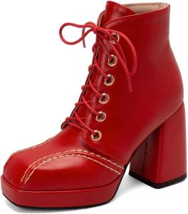 Женские модные ботильоны на массивной платформе с высоким каблуком, шнуровкой, квадратным носком, зимние стильные короткие ботинки JOEUSTY, Red-Velvet Lined