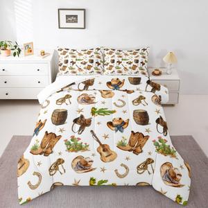 Erosebridal Винтажный комплект постельного белья Western Cowboys с принтом ковбойских сапог, шляп, звезд, гитар и кактусов, Brown White Green