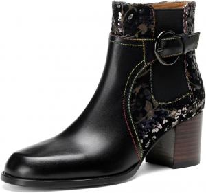 Женские ботильоны TinaCus с цветочным рисунком, с круглым носком, из натуральной кожи, ручной работы, средней высоты каблук, на молнии с пряжкой, Black/Gun