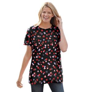 Женская футболка больших размеров с идеальным принтом и короткими рукавами с круглым вырезом для женщин Woman Within, цвет Black Tossed Hearts