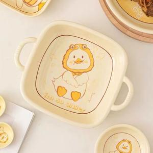 Ceramics Набор посуды с милым утенком, керамическая тарелка и миска для дома, включая палочки для еды, квадратная тарелка с двумя ручками 23 см