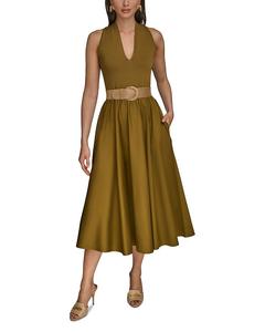 Сатиновое платье-миди с поясом и расклешенным силуэтом Donna Karan, зеленый