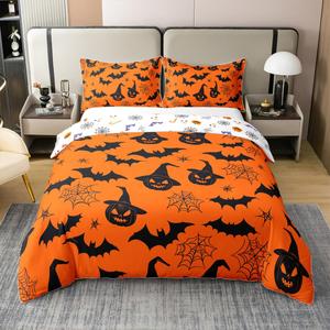 Erosebridal Комплект постельного белья Happy Halloween из 100% хлопка с тематическим принтом тыквы паутины и шляп ведьм в черно-оранжевых тонах, Black Orange