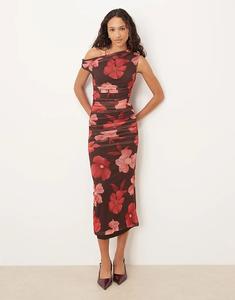 Асимметричное сетчатое платье миди Mango с коричнево-розовым цветочным принтом