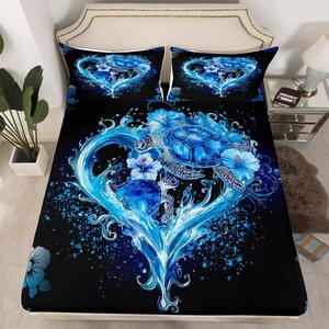 Erosebridal Комплект постельного белья Turtle с морскими черепахами и цветами в голубых блестках, Blue Black