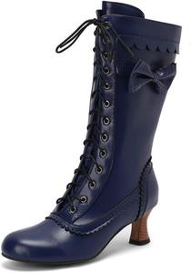 Винтажные викторианские женские сапоги на шнуровке, сапоги средней длины с низким каблуком-киссетом, крыловидные, ведьминские, ренессансные, готические сапоги бабушки, подошва против скольжения для вечеринок, выпускного или вечера Generic, Blue