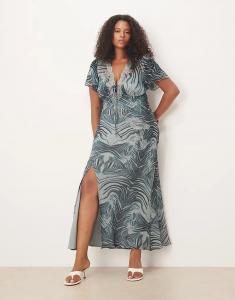 Платье миди ASOS DESIGN Curve с кружевной отделкой, рукавами-крылышками и завязкой спереди, серое, с принтом зебры