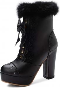 Женская мода Толстые каблуки Платформа Теплые меховые ботильоны на молнии Сладкий бантик Лолита Короткие ботинки LYYSKY, Black