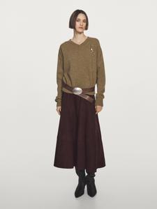 100% шерстяной трикотажный свитер с V-образным вырезом Massimo Dutti, оливковый