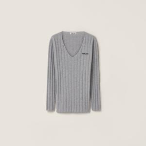 Шерстяной пуловер с кашемиром и v-образным вырезом MIU MIU, серый