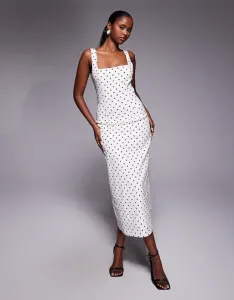 Белое платье миди из эластичного льна с квадратным вырезом и разрезом на спине Forever New