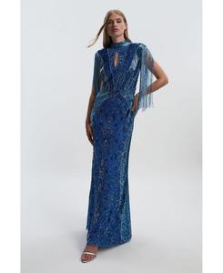 Женское длинное платье с бахромой и декорированными рукавами Karen Millen, Blue