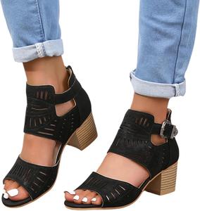 HINDOLA Женские черные босоножки с вырезами, на высоком толстом каблуке, с пряжкой на щиколотке, открытым носком, летние модные босоножки на устойчивом каблуке