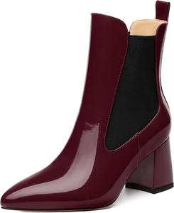 Женские ботильоны с высоким массивным каблуком, заостренным носком, из лакированной кожи, элегантные классические модные короткие ботинки на осень-зиму, каблук 2,5 дюйма DEMOSHINE, Burgundy