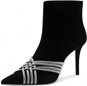 Женские шикарные ботильоны с плетением, стразами, ремешками, высокие на каблуке-стилет, с острым носком и задней молнией, для вечеринок и клубов, размеры 4-16 US Wansseny, Black