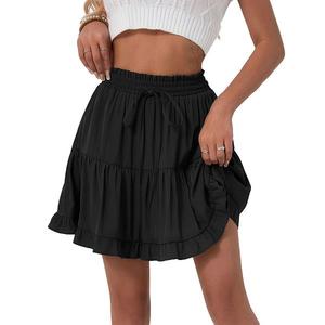 Женская мини-юбка с ярусами и рюшами на высокой талии с эластичным поясом и шнурком Clearflower, Black