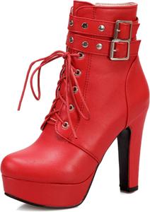 Женские ботильоны с шнуровкой на блочном каблуке, байкерские, с круглым носком Renessmi, Red 2