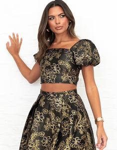 Укороченный топ Floral с жаккардовым узором и квадратным вырезом, рукавами-буфами, темно-синего цвета Maya