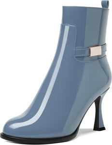 Женские ботильоны на молнии с круглым носком, лаковые, для улицы, с высокими каблуками 3,3 дюйма DEMOSHINE, Midnight Blue